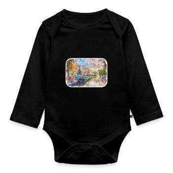 Amsterdam Netherlands Watercolor Sketch Drawing - Organic Longsleeve Baby Bodysuit - black - Front