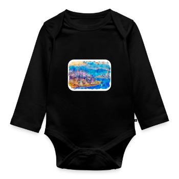 Hong Kong China Aquarell Skizze Zeichnung - Baby Bio-Langarm-Body - Schwarz - Vorne