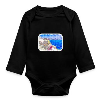 Santorin Grèce croquis aquarelle dessin dessiné - Body Bébé bio manches longues - noir - Devant