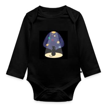 Chat mignon dans l’espace avec des planètes - Body Bébé bio manches longues - noir - Devant