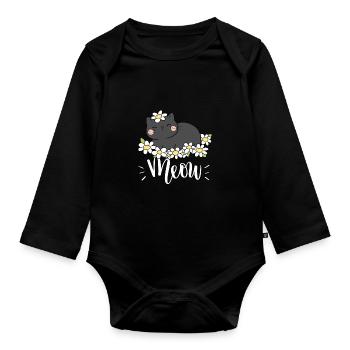 Chat mignon kawaii drôle avec des tournesols disant miaulement - Body Bébé bio manches longues - noir - Devant