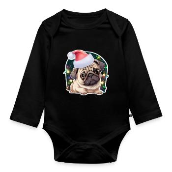 Carlin avec chapeau de Noël et guirlandes lumineuses - Body Bébé bio manches longues - noir - Devant