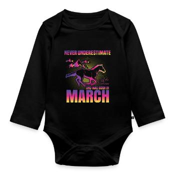 This girl loves horses | March - Organic Longsleeve Baby Bodysuit - black - Front
