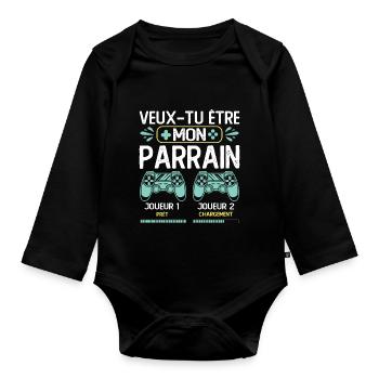 Veux-tu être Mon Parrain Gamer Demande Parrain - Body Bébé bio manches longues - noir - Devant