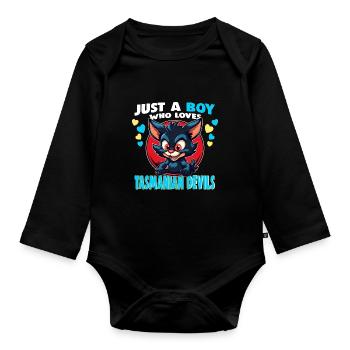 Just a Boy who Loves tasmanian Devils - Organic Longsleeve Baby Bodysuit - black - Front