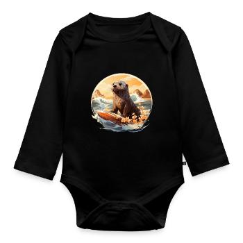 Loutre de mer sur planche de surf - Body Bébé bio manches longues - noir - Devant