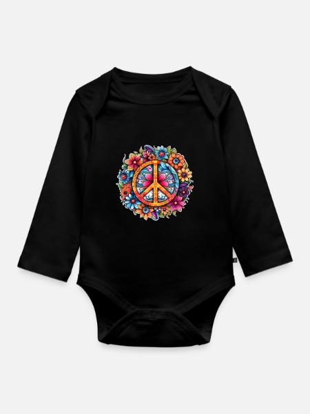 Peace Love Mandala 60er Jahre Sticker - Baby Bio-Langarm-Body - Schwarz