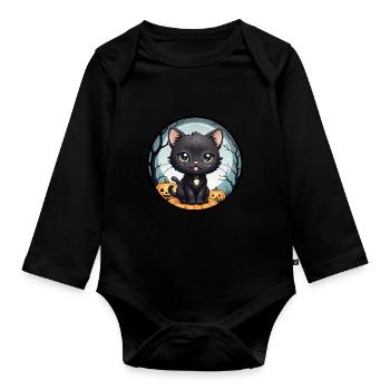 Halloween - Black Cat Full Moon Pumpkins - Organic Longsleeve Baby Bodysuit - black - Front