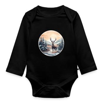 Winterlandschaft mit Hirsch - Baby Bio-Langarm-Body - Schwarz - Vorne