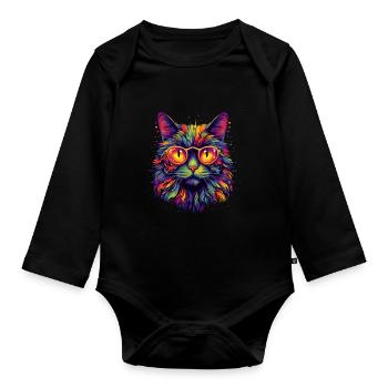 Chat coloré avec des lunettes - Body Bébé bio manches longues - noir - Devant