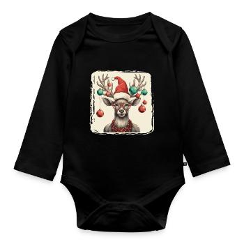 Renne avec boules de Noël et chapeau - Body Bébé bio manches longues - noir - Devant