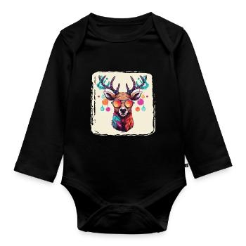 Renne avec boules de Noël et chapeau - Body Bébé bio manches longues - noir - Devant