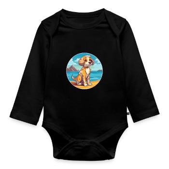 Akbash Dog Breed Cartoon Kawaii Clipart Watercolor - Organic Longsleeve Baby Bodysuit - black - Front