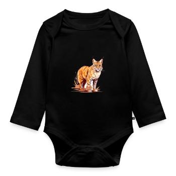 Rotluchs buntes Aquarell Karikatur Kawaii Tier - Baby Bio-Langarm-Body - Schwarz - Vorne