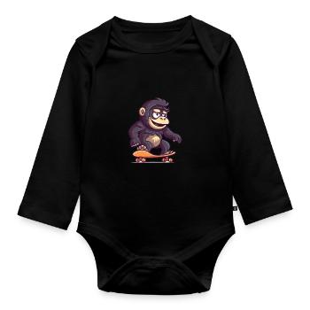 Funny Gorilla Kawaii Cartoon Playing Skateboard - Organic Longsleeve Baby Bodysuit - black - Front
