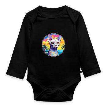 Devon Rex Cat Breed Watercolor Cartoon Kawaii Pet - Organic Longsleeve Baby Bodysuit - black - Front