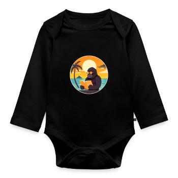 Gorilla Cute Funny Cartoon Kawaii Book Beach - Organic Longsleeve Baby Bodysuit - black - Front