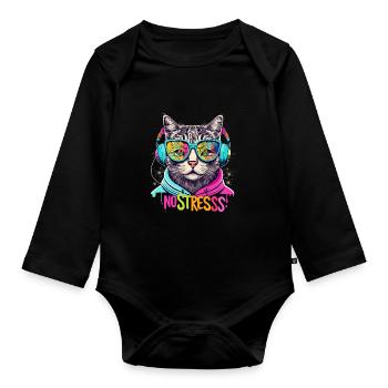 Cat with headphones Funny saying NO STRESS - Organic Longsleeve Baby Bodysuit - black - Front