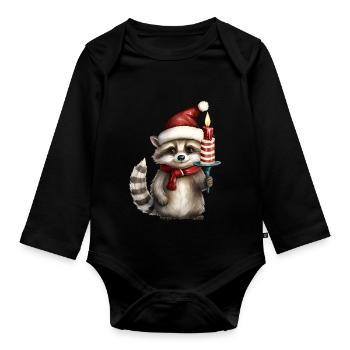 Christmas raccoon with candle and santa hat - Organic Longsleeve Baby Bodysuit - black - Front