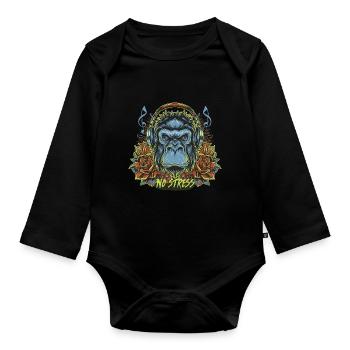 Gorilla with headphones Funny saying NO STRESS - Organic Longsleeve Baby Bodysuit - black - Front