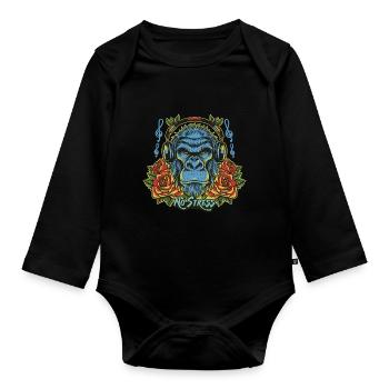 Gorilla with headphones Funny saying NO STRESS - Organic Longsleeve Baby Bodysuit - black - Front