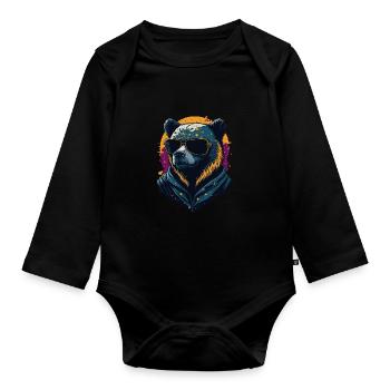 Bear with sunglasses - Organic Longsleeve Baby Bodysuit - black - Front