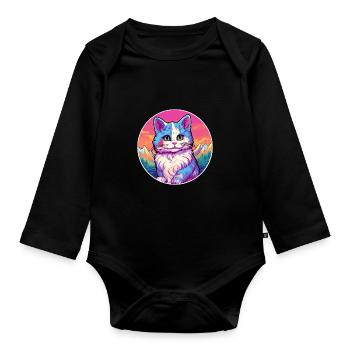 Bambino Cat Colorful Cartoon Watercolor Illustrati - Organic Longsleeve Baby Bodysuit - black - Front