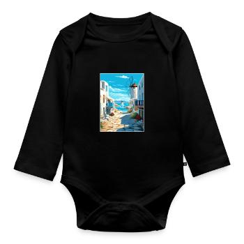Mykonos Grèce décoration Vintage Travel Poster - Body Bébé bio manches longues - noir - Devant