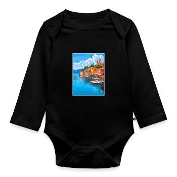 Portofino Italien Vintage Reiseposter WPA Souvenir - Baby Bio-Langarm-Body - Schwarz - Vorne