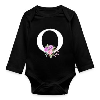 Lila Blumenbuchstabe O - Baby Bio-Langarm-Body - Schwarz - Vorne