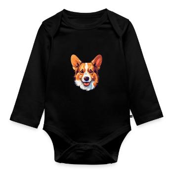 Pembroke Welsh Corgi Hunderasse Aquarell Karikatur - Baby Bio-Langarm-Body - Schwarz - Vorne