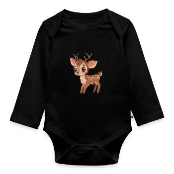 Niedliches Rehkitz Mit Funkelnden Augen - Baby Bio-Langarm-Body - Schwarz - Vorne