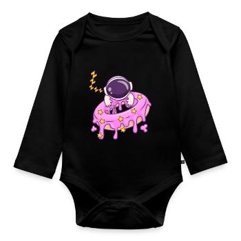 Niedlicher Baby-Astronaut, der auf Donut-Cartoon schläft - Baby Bio-Langarm-Body - Schwarz - Vorne