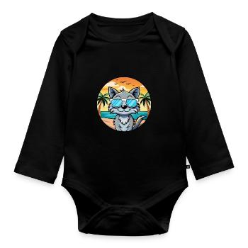 Australian Mist Cat Breed Cartoon Sunglasses Beach - Organic Longsleeve Baby Bodysuit - black - Front