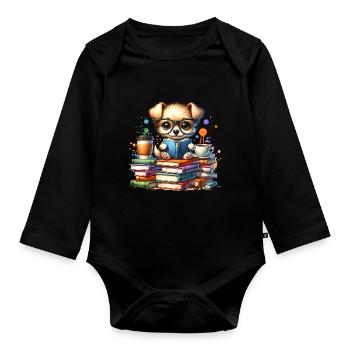 Reading is my hobby: Cute puppy with glasses - Organic Longsleeve Baby Bodysuit - black - Front