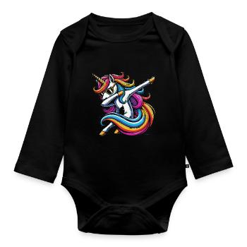 Regenbogen Einhorn mit Sonnenbrille Comic Kunst - Baby Bio-Langarm-Body - Schwarz - Vorne