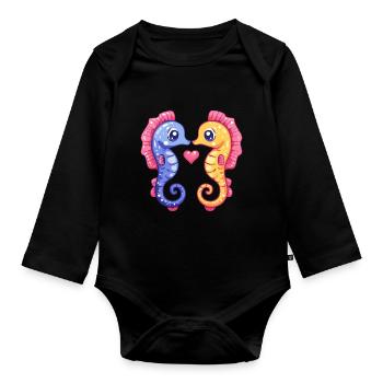 Seepferd Paar Liebe Valentinstag - Baby Bio-Langarm-Body - Schwarz - Vorne