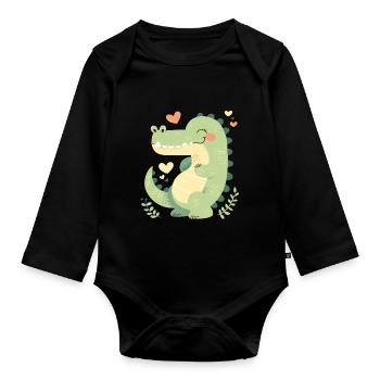 A happy chibi crocodile surrounded by hearts - Organic Longsleeve Baby Bodysuit - black - Front