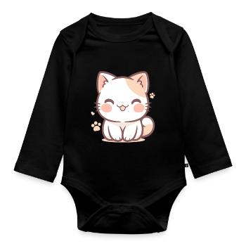 Un chaton chibi souriant - Body Bébé bio manches longues - noir - Devant