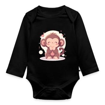 Un chimpanzé chibi joyeux - Body Bébé bio manches longues - noir - Devant