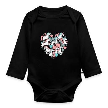 Einhorn Einhörner Herz Herzform Liebe Bunt Süß - Baby Bio-Langarm-Body - Schwarz - Vorne