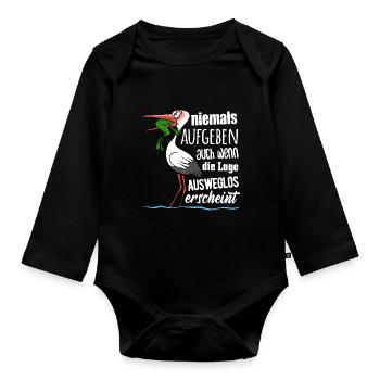 Frosch und Storch - Niemals Aufgeben - Spruch - Baby Bio-Langarm-Body - Schwarz - Vorne