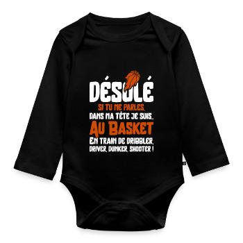 "Je suis au basket" - Body Bébé bio manches longues - noir - Devant