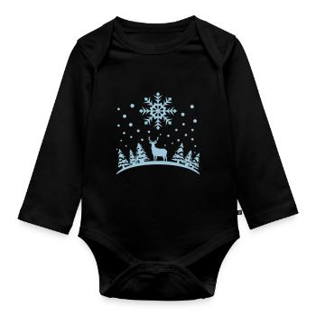 Winter - Hirsch, Wald und Schnee - Baby Bio-Langarm-Body - Schwarz - Vorne