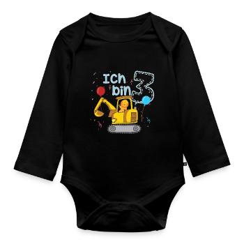 Kinder Geburtstag Geschenk Ich bin 3 - Bagger - Baby Bio-Langarm-Body - Schwarz - Vorne