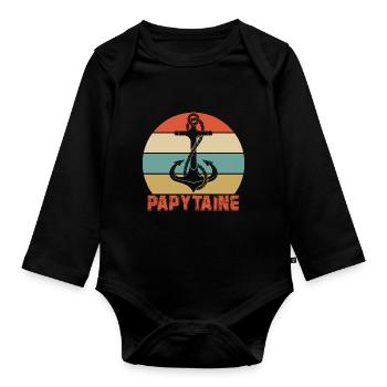 Papytaine Grandpa Grandpa Papou Humor Captain - Organic Longsleeve Baby Bodysuit - black - Front