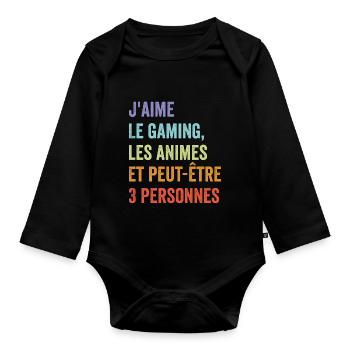 Humour jeux video Gamer Geek Anime Japonais Manga - Body Bébé bio manches longues - noir - Devant