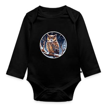 Hibou grand-duc en hiver - Body Bébé bio manches longues - noir - Devant