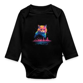 New York City, Cat, Meow, City, Skyline, America, USA - Organic Longsleeve Baby Bodysuit - black - Front