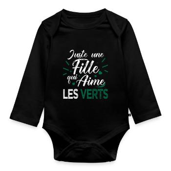 Les Verts football une fille aime les stéphanois - Body Bébé bio manches longues - noir - Devant